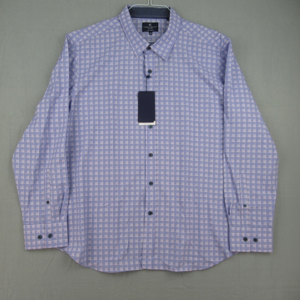 CON.STRUCT Button Down Shirt Mens 3XL Lilac Check 4 Way Stretch Slim Fit